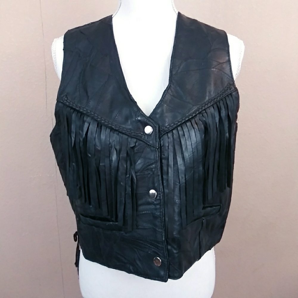 Italian Stone Design Leather Vest w/Fringe